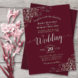 Silver Frills Elegant Burgundy Wedding Invitation<br><div class="desc">This beautiful wedding invitation features a simple yet elegant design with lacy script calligraphy on a burgundy background and frilly silver grey faux foil filigree in the corners. The wording is formal,  but the layout is modern and stylish.</div>