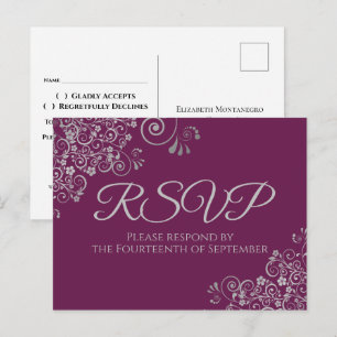 Silver Frills Elegant Cassis Purple Wedding RSVP Postcard