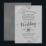 Silver Frills Elegant Gray Wedding Invitation<br><div class="desc">This beautiful wedding invitation features a simple yet elegant design with lacy script calligraphy on a gray background and frilly silver gray faux foil filigree in the corners. The wording is formal,  but the layout is modern and stylish.</div>