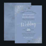Silver Frills Elegant Grey on Light Blue Wedding Invitation<br><div class="desc">This beautiful wedding invitation features a simple yet elegant design with lacy grey script calligraphy on a light grey blue background and frilly silver grey faux foil filigree in the corners. The wording is formal,  but the layout is modern and stylish.</div>