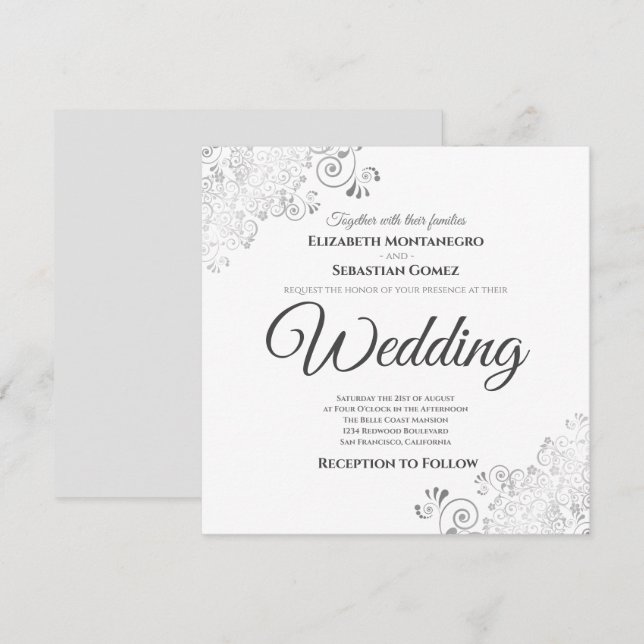 Silver Frills Elegant Grey & White Square Wedding Invitation (Front/Back)