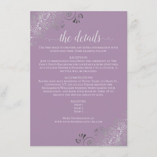 Silver Frills Elegant Lavender Wedding Details Enclosure Card (Front)
