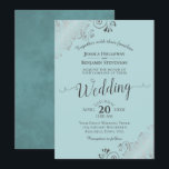 Silver Frills Elegant Mint Teal & Grey Wedding Invitation<br><div class="desc">This beautiful wedding invitation features a simple yet elegant design with lacy script calligraphy on a light teal or mint blue background and frilly silver grey faux foil filigree in the corners. The wording is formal,  but the layout is modern and stylish.</div>
