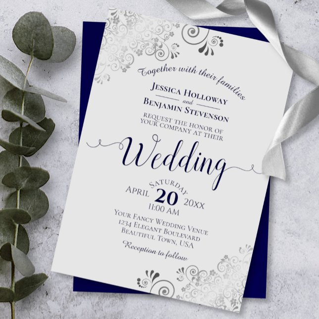 Silver Frills Elegant Navy Blue & Grey Wedding Invitation (Creator Uploaded)