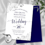 Silver Frills Elegant Navy Blue & White Wedding Invitation<br><div class="desc">This beautiful wedding invitation features a simple yet elegant design with navy blue text & lacy script calligraphy on a white background and frilly silver gray faux foil filigree in the corners. The wording is formal,  but the layout is modern and stylish.</div>