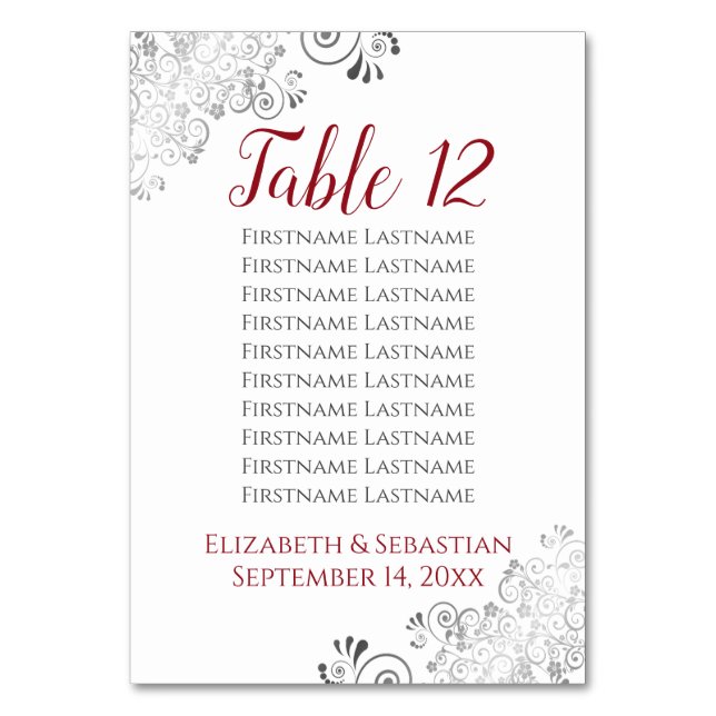 Silver Frills Elegant Red Wedding Seating Chart Table Number (Back)