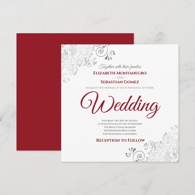 Silver Frills Elegant Red & White Square Wedding Invitation (Front/Back)