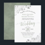 Silver Frills Elegant Sage Green on White Wedding Invitation<br><div class="desc">This beautiful wedding invitation features a simple yet elegant design with lacy script sage green calligraphy on a white background and frilly silver gray faux foil filigree in the corners. The wording is formal,  but the layout is modern and stylish.</div>