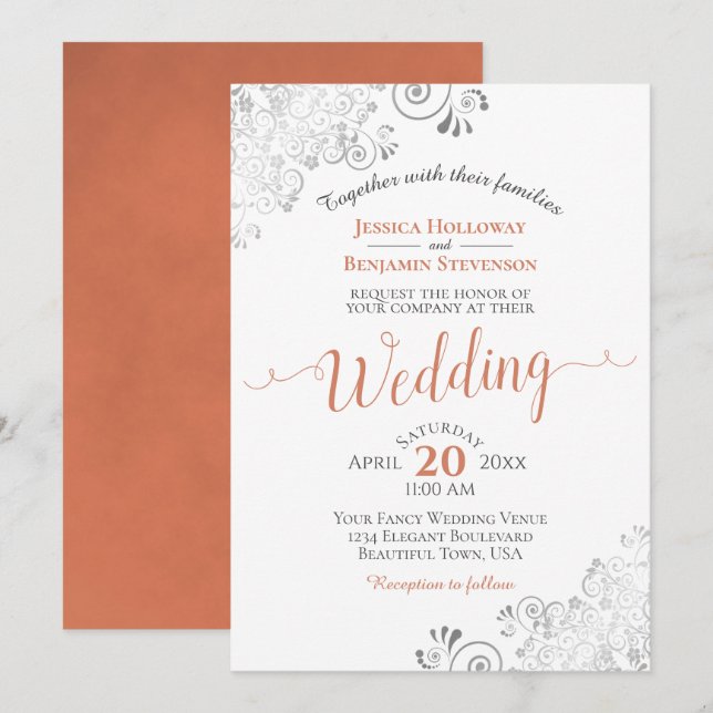 Silver Frills Elegant Terracotta on White Wedding Invitation (Front/Back)