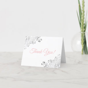 Silver Frills Elegant White & Pink Wedding Photo Thank You Card