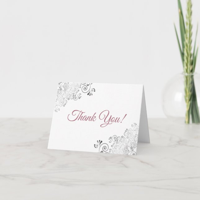 Silver Frills Elegant White & Rose Wedding Photo Thank You Card (Front)