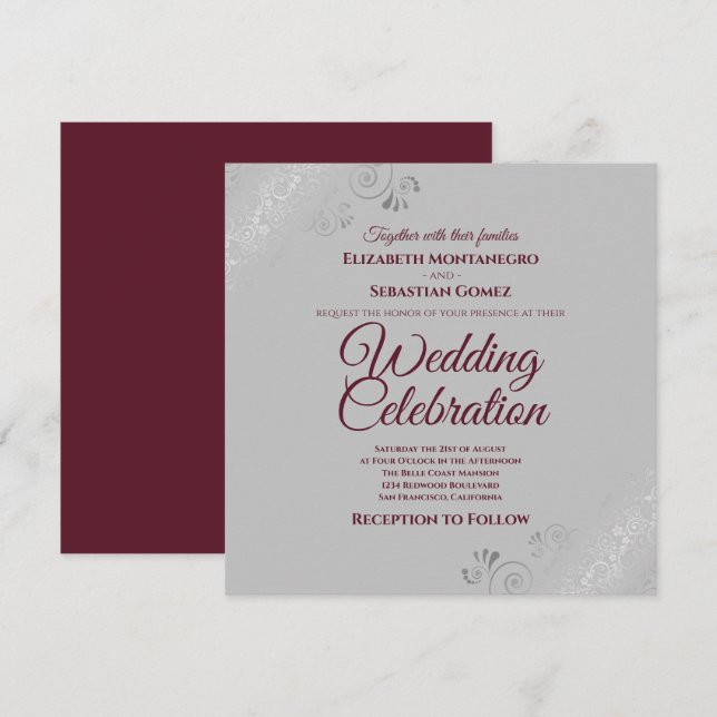 Silver Frills Grey Burguny Elegant Square Wedding Invitation (Front/Back)