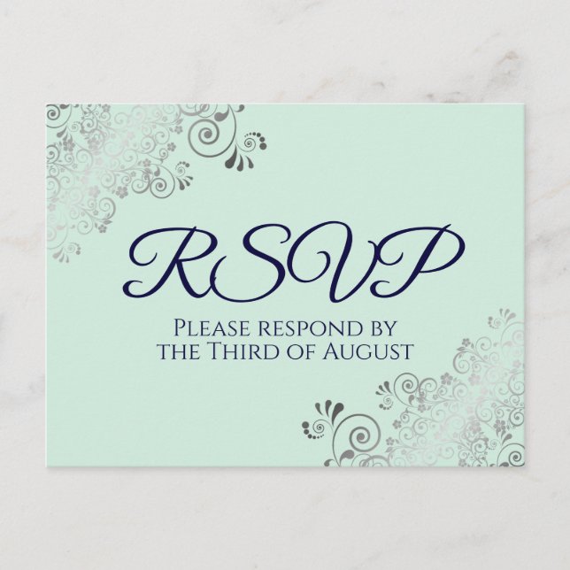 Silver Frills Mint Green & Navy Blue Wedding RSVP Postcard (Front)