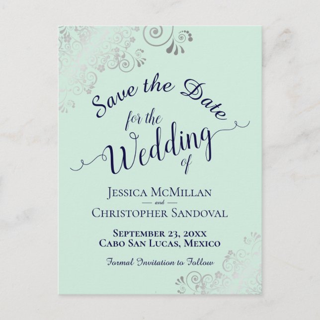 Silver Frills Mint & Navy Wedding Save the Date Announcement Postcard (Front)