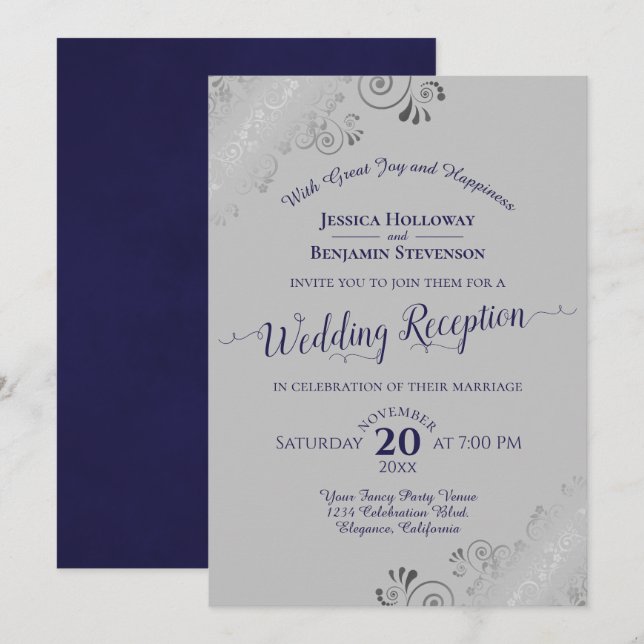 Silver Frills Navy Blue & Grey Wedding Reception Invitation (Front/Back)