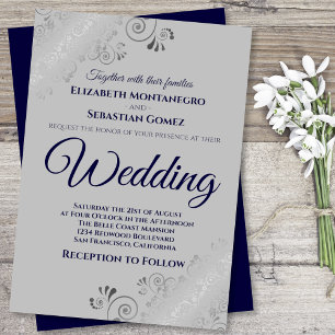 Silver Frills Navy Blue on Grey Wedding Invitation
