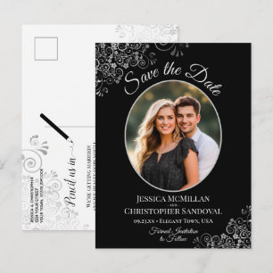 Silver Frills on Black Wedding Save the Date Photo Announcement Postcard