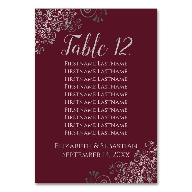 Silver Frills on Burgundy Wedding Seating Chart Table Number (Front)