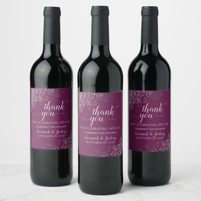Silver Frills on Cassis Purple Wedding Thank You Wine Label (Bottles)