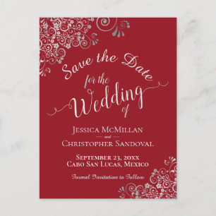 Silver Frills on Crimson Red Wedding Save the Date Announcement Postcard