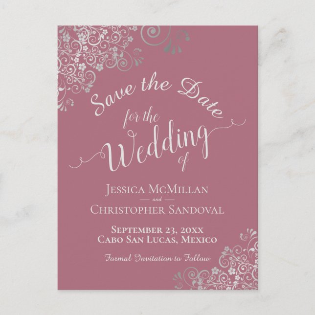Silver Frills on Dusty Rose Wedding Save the Date Announcement Postcard (Front)
