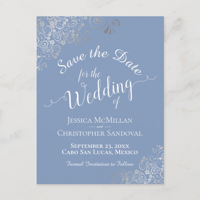 Silver Frills on Light Blue Wedding Save the Date Announcement Postcard (Front)