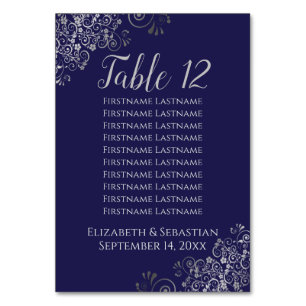 Silver Frills on Navy Blue Wedding Seating Chart Table Number