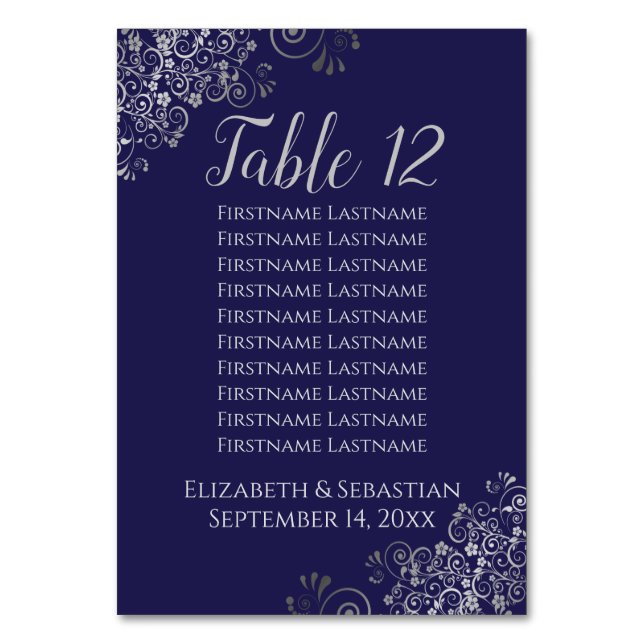 Silver Frills on Navy Blue Wedding Seating Chart Table Number (Front)