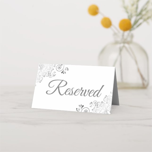 Silver Frills on White Elegant Wedding Reserved Place Card (Back)