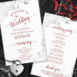 Silver Frills Red on White Budget Wedding Program<br><div class="desc">These wedding programs are elegant and tasteful, while still being budget friendly. The design features ornate silver grey faux foil curls and swirls with crimson red text on a white background. The typography features lacy script calligraphy, and there is room for details on the ceremony, the bridal party, and a...</div>
