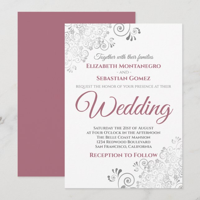Silver Frills Simple Chic Dusty Rose White Wedding Invitation (Front/Back)