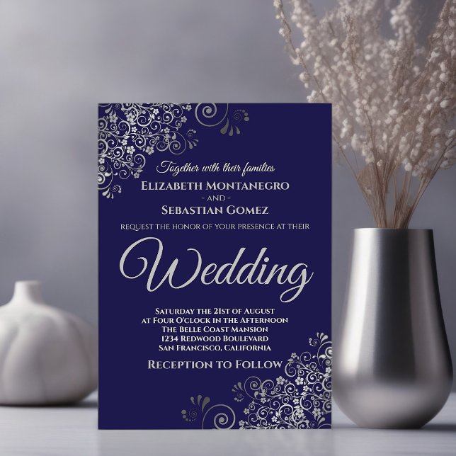 Silver Frills Simple Chic Navy Blue Wedding Invitation (Creator Uploaded)