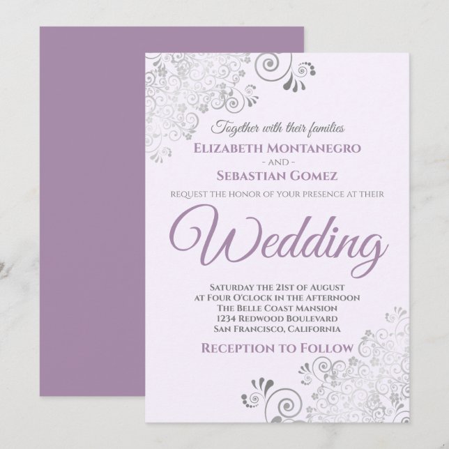Silver Frills Simple Chic Purple and Grey Wedding Invitation (Front/Back)