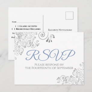 Silver Frills Simple Elegant Blue Wedding RSVP Postcard