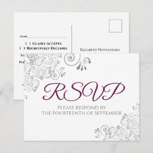 Silver Frills Simple Elegant Cassis Wedding RSVP Postcard