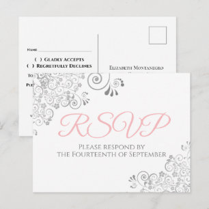 Silver Frills Simple Elegant Pink Wedding RSVP Postcard