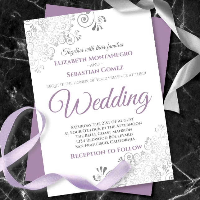 Silver Frills Simple Purple Grey & White Wedding Invitation (Creator Uploaded)