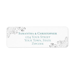 Silver Frills Teal on White Wedding Return Address