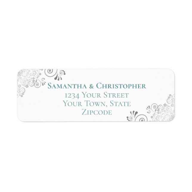 Silver Frills Teal on White Wedding Return Address (Front)
