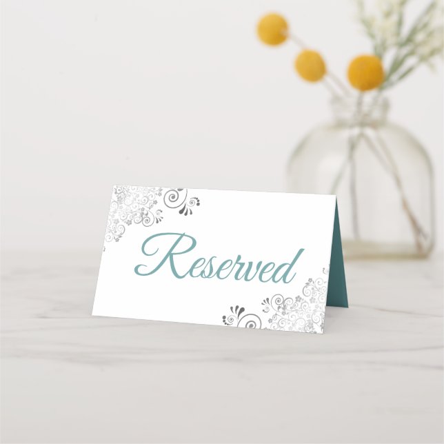 Silver Frills Teal White Elegant Wedding Reserved Place Card (Back)