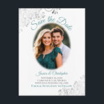 Silver Frills w/ Photo Teal Wedding Save the Date Announcement Postcard<br><div class="desc">This beautiful postcard is designed to give your friends and family advance notice of your upcoming wedding. It features a simple yet elegant design with teal or turquoise coloured text on a white background, and your photo in an oval frame surrounded by frilly silver grey faux foil curls and swirls....</div>