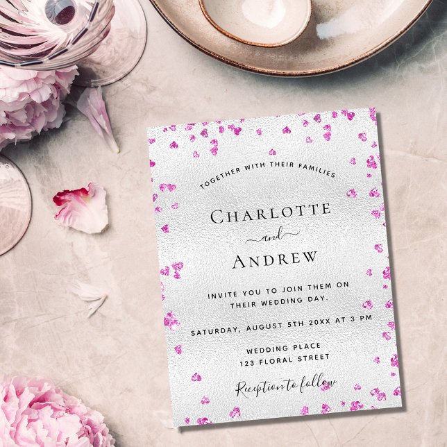 Silver fuchsia hearts budget wedding invitation (Creator Uploaded)