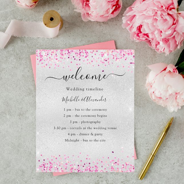 Silver fuchsia pink confetti wedding program (Creator Uploaded)
