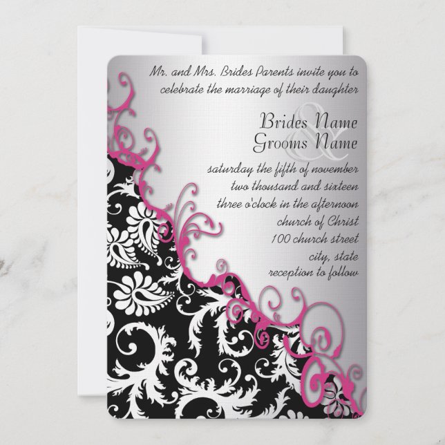 Silver & Fuchsia Vintage Damask Romantic Swirl Invitation (Front)