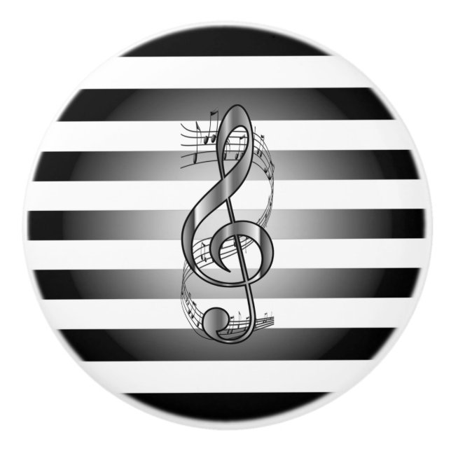 Silver G Clef ~ Musical Scroll ~ B/W Striped ~*~ Ceramic Knob (Front)