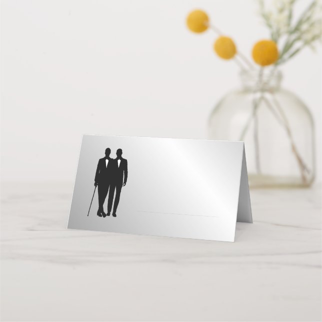 Silver Gay Wedding Grooms with Names and Date  Place Card (Front)