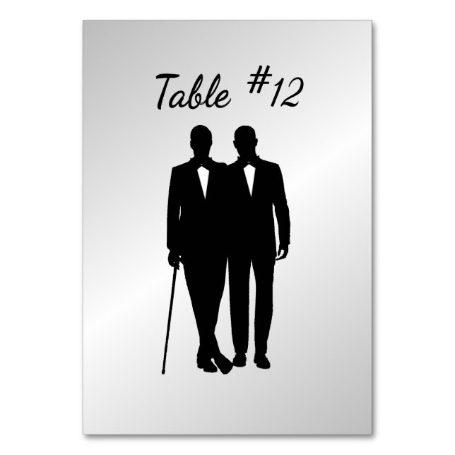 Silver Gay Wedding Grooms with Names and Date  Table Number (Front)