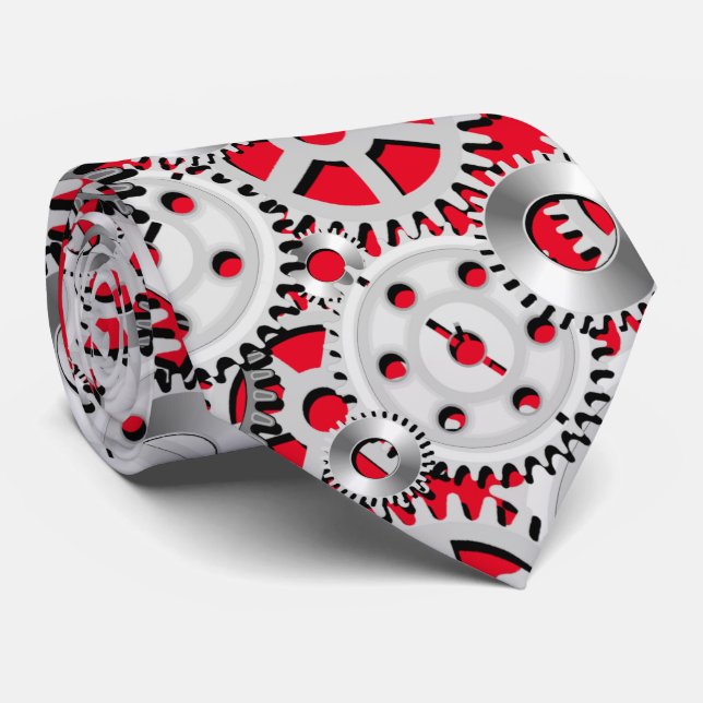 Silver Gears on Red Steampunk Engineering Gearhead Tie (Rolled)