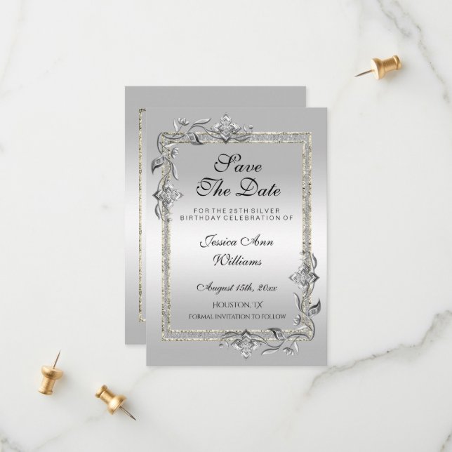 Silver Gem & Glitter 25th Birthday Party Save The Date (Front/Back In Situ)