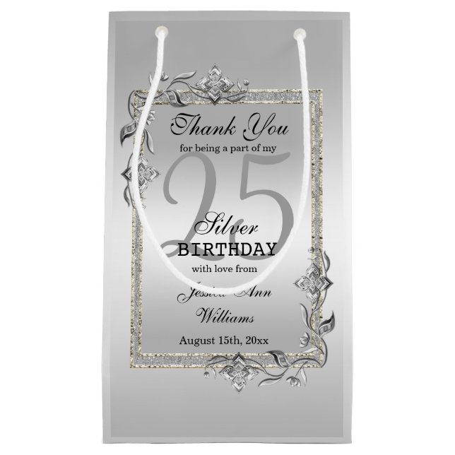 Silver Gem & Glitter 25th Birthday Party Small Gift Bag (Front)